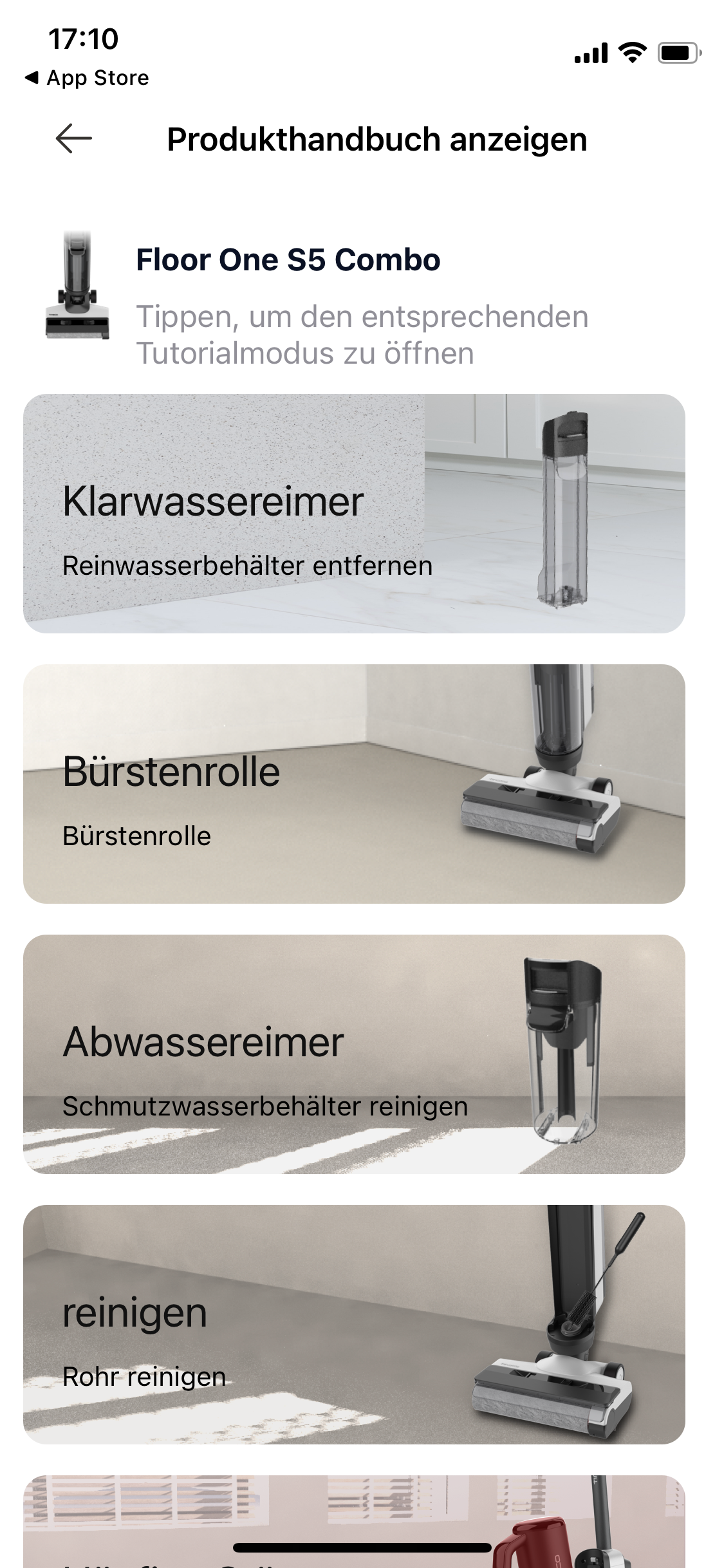 Man sieht das Benutzerhandbuch in der Tineco Life App.